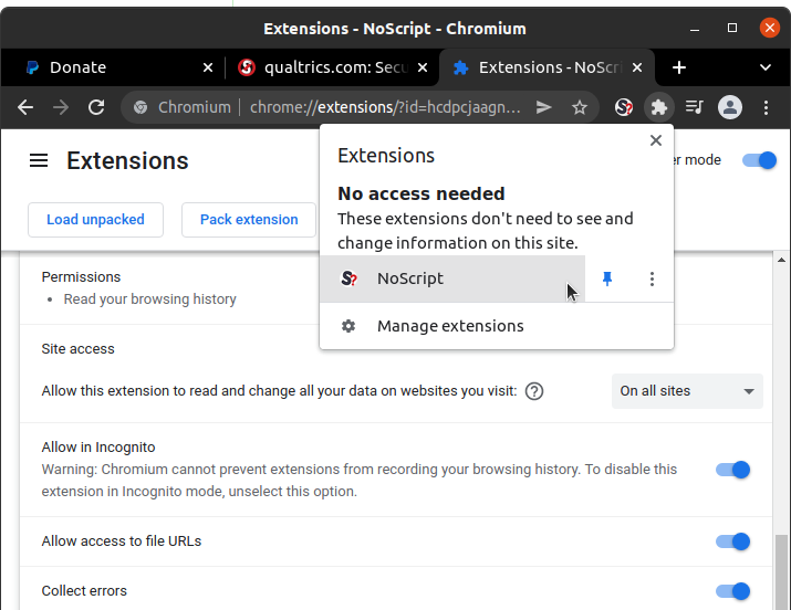 Pinning icon and configuring permissions (Chromium)