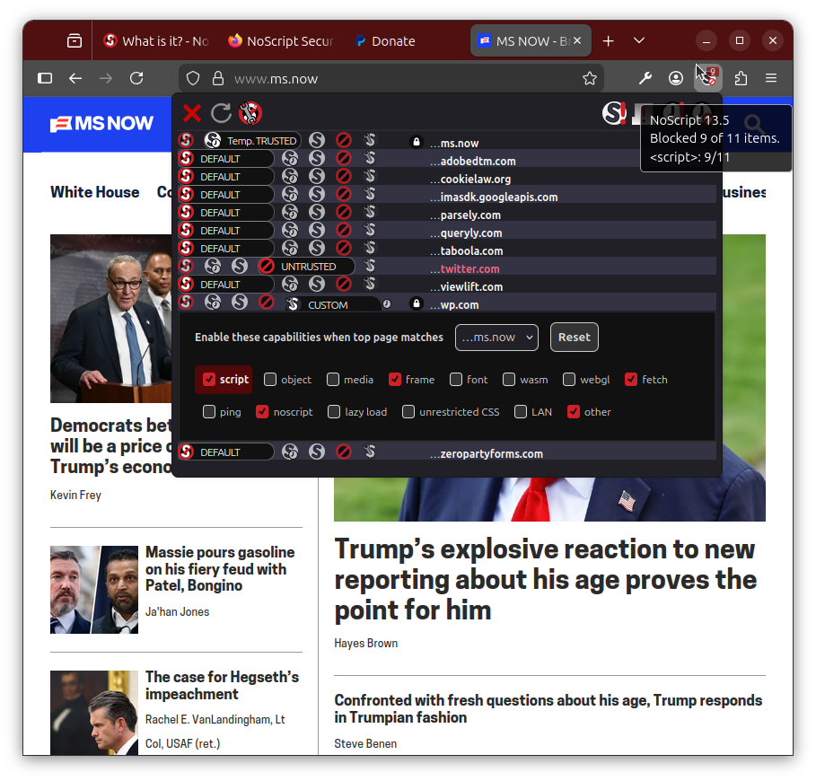 Working with trust levels in NoScript's popup UI