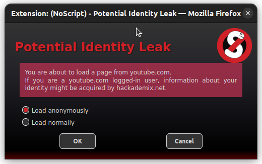 NoScript's Potential Identity Leak dialog