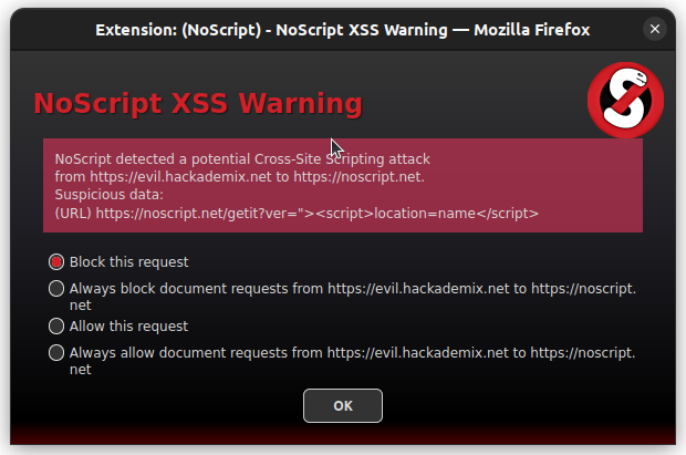 NoScript's XSS warning dialog